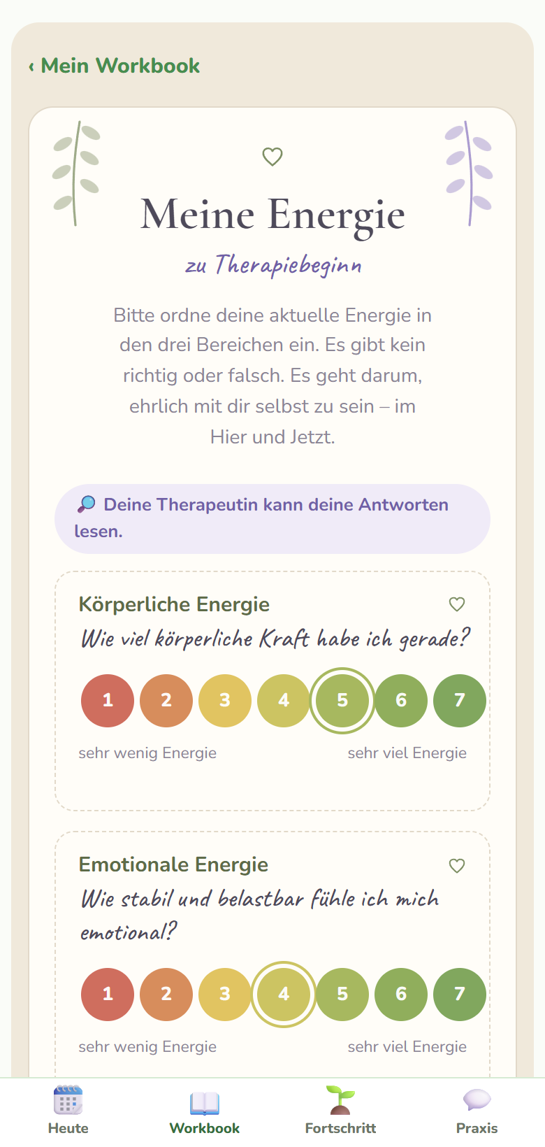 Workbook-Seite „Meine Energie“ mit Ampelskala
